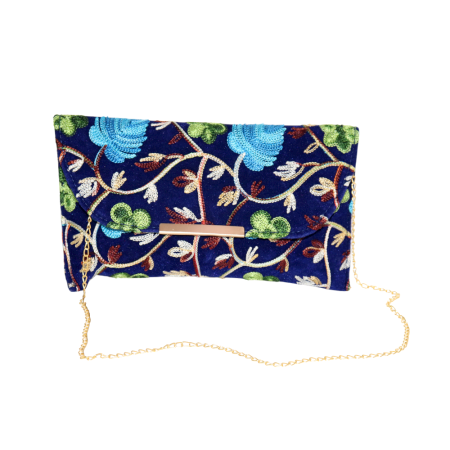 Velvet Beaded Clutch Bag with Gold Chain in Vibrant Floral Design